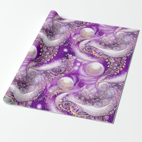 Elegant Purple Silvery White Feathers Beaded Pearl Wrapping Paper