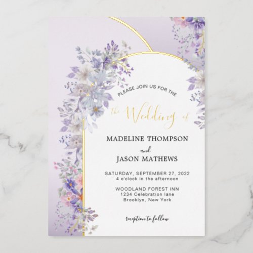 Elegant Purple Smoky Gray Floral Gold Arch Wedding Foil Invitation