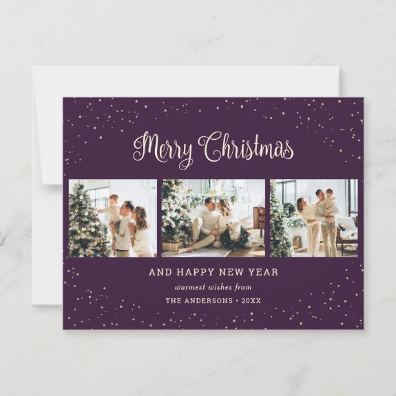 Elegant Purple Snow 3 Photo Merry Christmas Cards