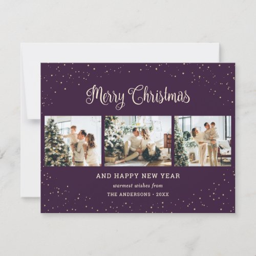 Elegant Purple Snow 3 Photo Merry Christmas Cards