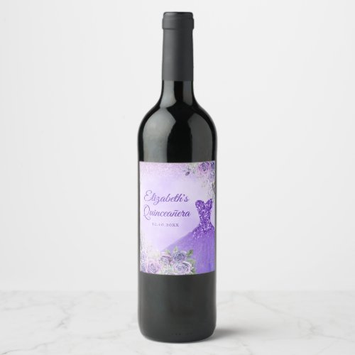 Elegant Purple Snowflake Christmas Quinceaera Wine Label