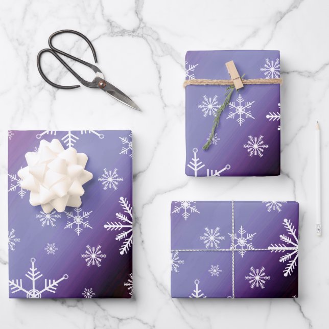 Elegant Purple Snowflake Gradient Gift Wrapping Paper Sheets (Front)