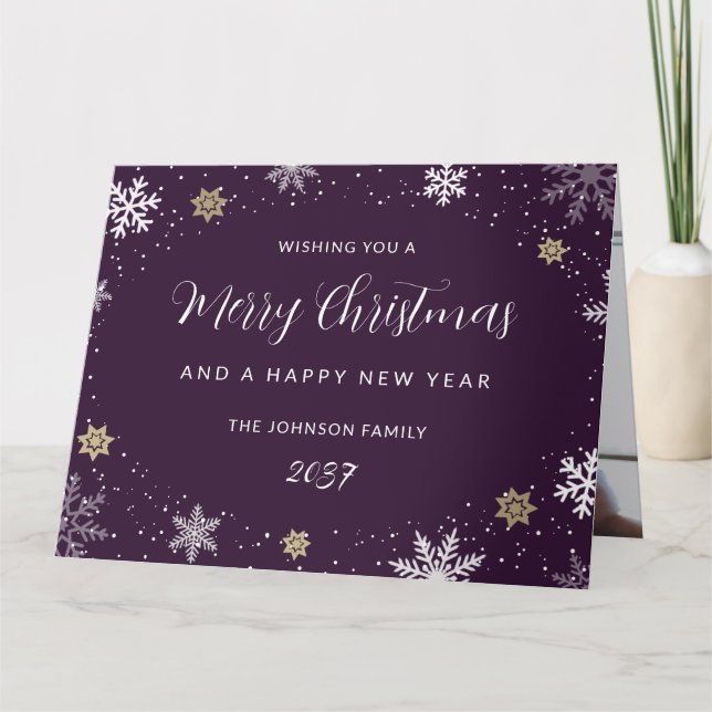 Elegant Purple Snowflakes Photo Holiday Card (Front)