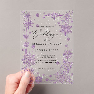Elegant Purple snowflakes Winter Wedding Acrylic Invitations