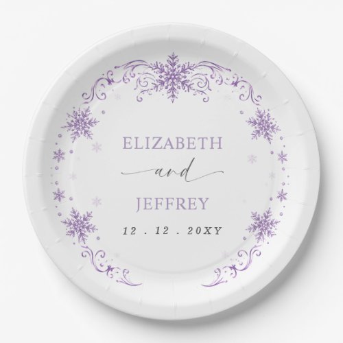 Elegant Purple Snowflakes Winter Wedding Paper Plates