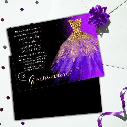 Elegant Purple Spanish Gown Quinceaera _ Gold  Foil Invitation