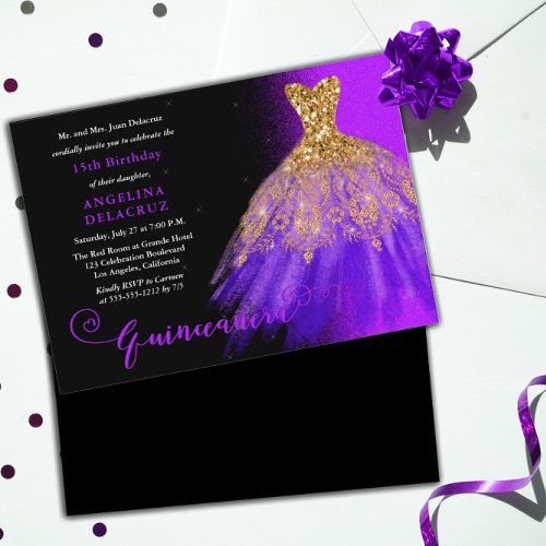 Elegant Purple Spanish Gown Quinceaera  Invitation
