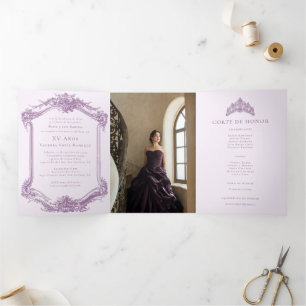 Elegant Purple Spanish Quinceañera 15th Birthday Tri-Fold Invitation