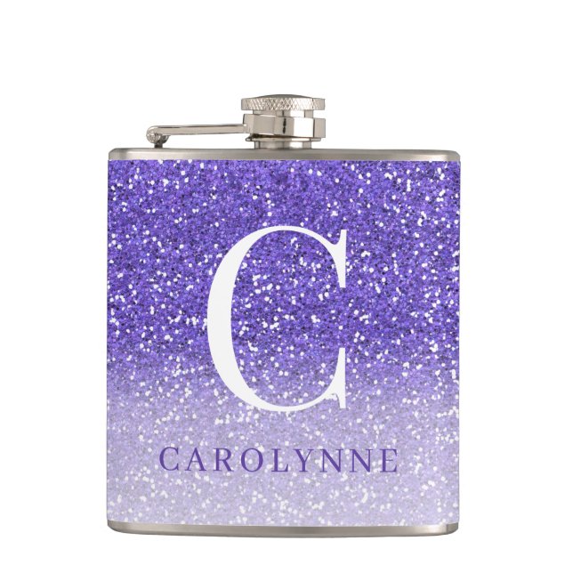 Elegant Purple Sparkle Ombre Glitter Monogram Flask (Front)