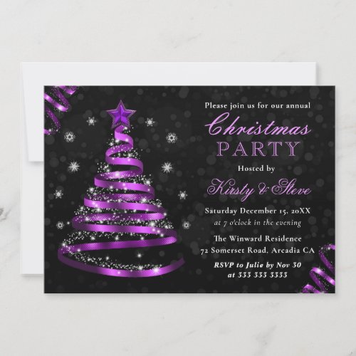 Elegant Purple Sparkly Ribbon Tree Christmas Party Invitation