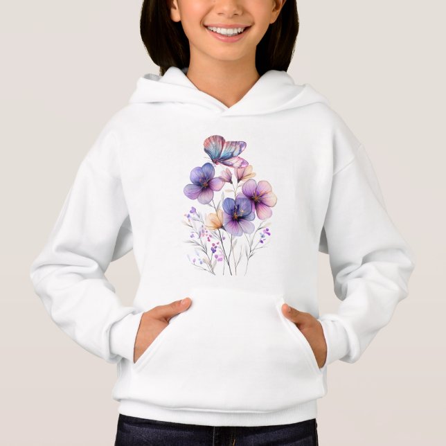 Elegant Purple Spring Floral & Butterfly   Hoodie (Front)