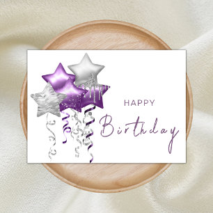 Elegant Purple Star Balloons Modern Happy Birthday Card