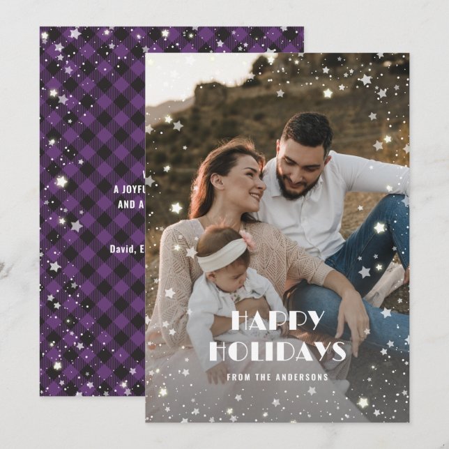 Elegant Purple Starry Buffalo Plaid Photo Holiday Card (Front/Back)