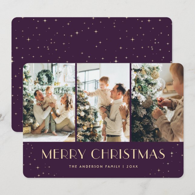 Elegant Purple Starry Night Photo Christmas Card (Front/Back)