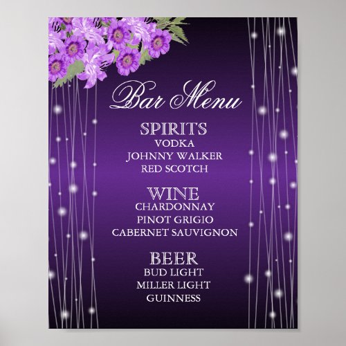 Elegant Purple String Lights Floral  _ Bar Menu Poster