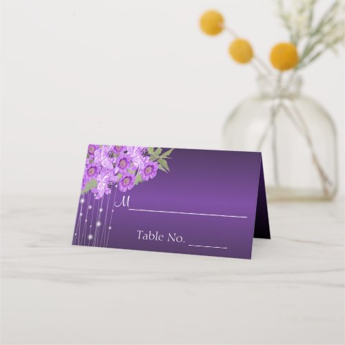 Elegant Purple String Lights Floral Place Card