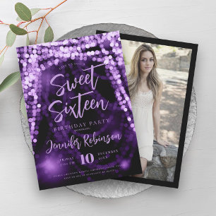 Elegant Purple String Lights Photo Sweet 16 Invitation