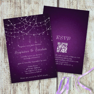Elegant Purple String Lights QR Code Wedding Invitation