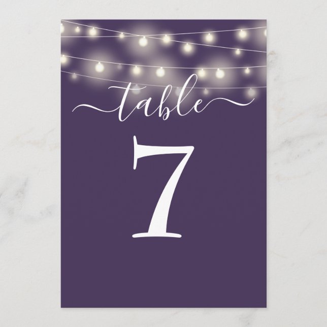 Elegant Purple String Lights Table Number (Front)