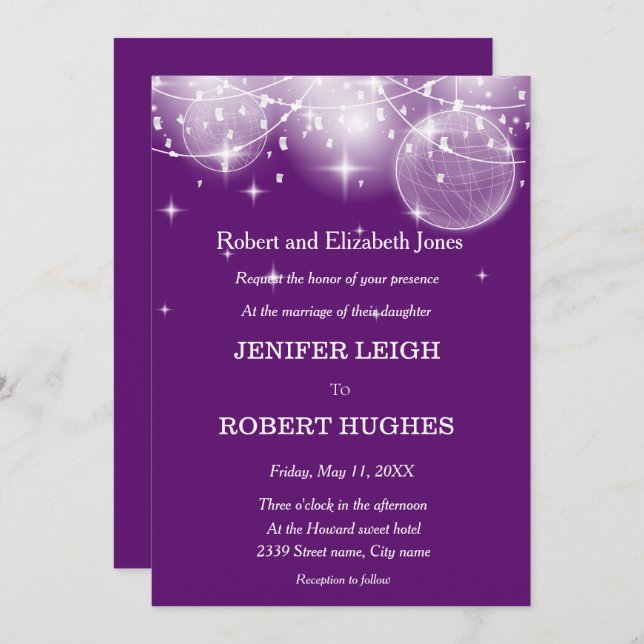 Elegant purple string of light wedding invitation  (Front/Back)