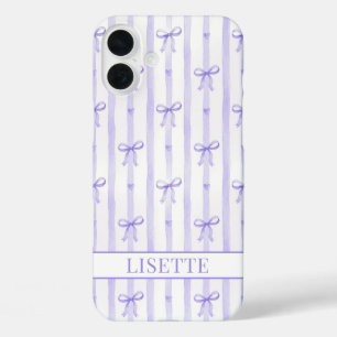 Elegant Purple Striped Coquette Bows Monogrammed iPhone 16 Plus Case