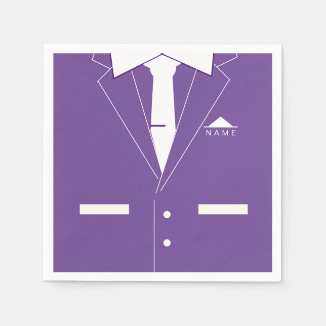 Elegant Purple Suit & White Necktie -Add Your Name Napkins (Front)