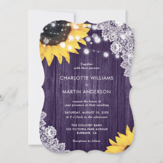 Elegant Purple Sunflower Lace Rustic Wood Wedding Invitation