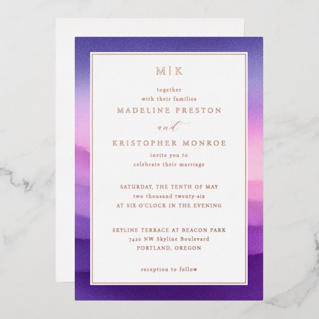 Elegant Purple Sunset Gradient Foil Invitation (Front/Back)