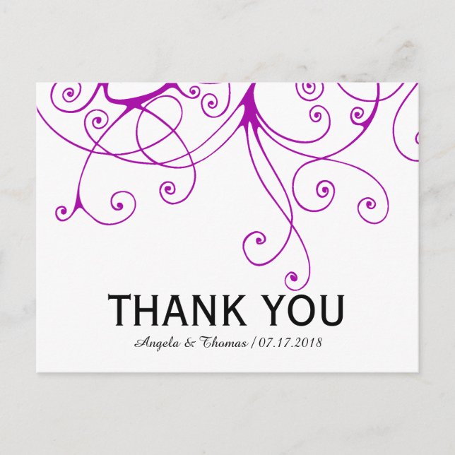 Elegant Purple Swirls Wedding Thank You Postcard (Front)