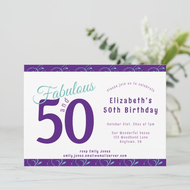 Elegant Purple Teal 50th Birthday Party Invitation (Standing Front)