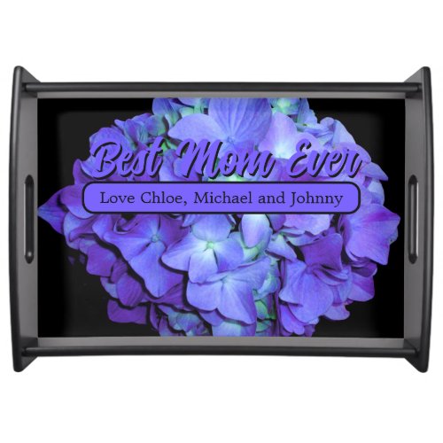 Elegant purple teal floral hydrangeas serving tray