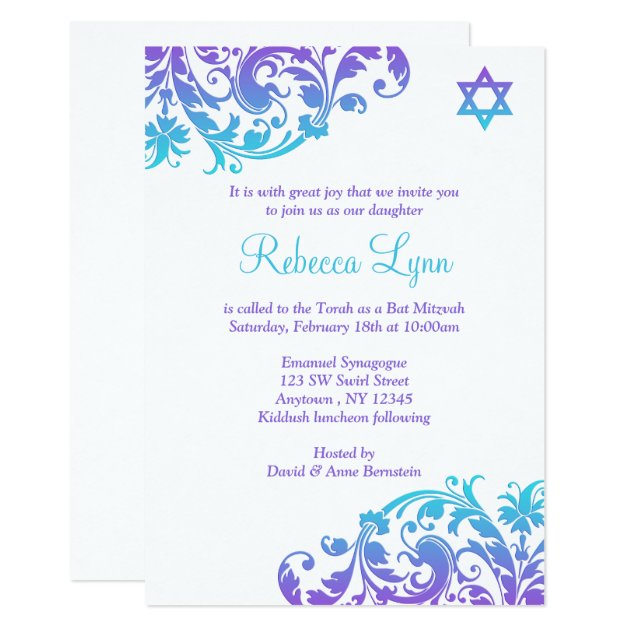 Elegant Purple Teal Flourish Bat Mitzvah Invitation