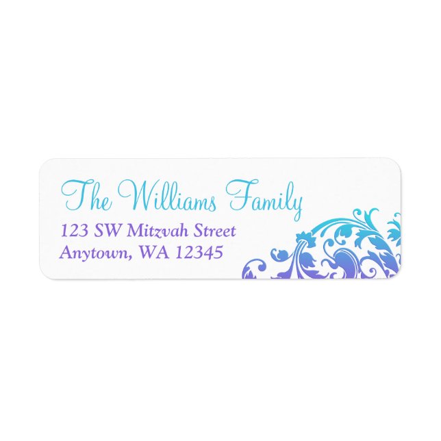 Elegant Purple Teal Flourish Bat Mitzvah Label (Front)