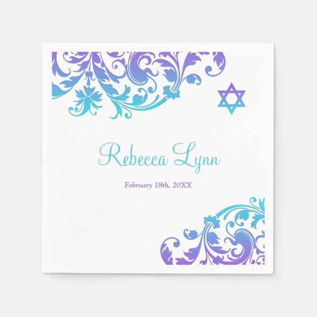 Elegant Purple Teal Flourish Bat Mitzvah Napkins (Front)