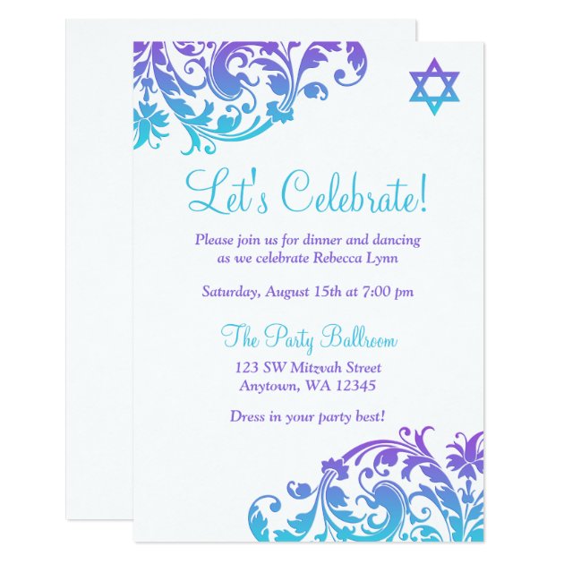 Elegant Purple Teal Flourish Bat Mitzvah Reception Card