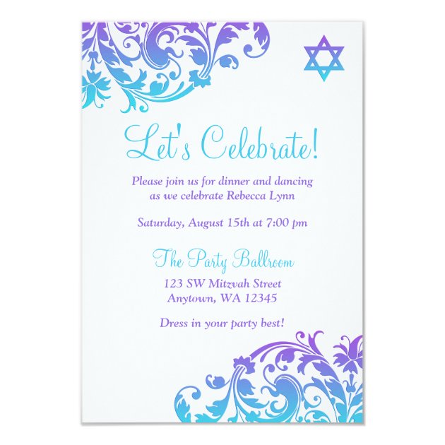 Elegant Purple Teal Flourish Bat Mitzvah Reception Card