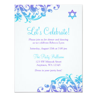 Elegant Purple Teal Flourish Bat Mitzvah Reception Card