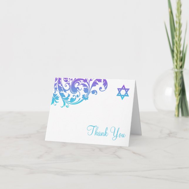 Elegant Purple Teal Flourish Bat Mitzvah Thank You Card (Front)