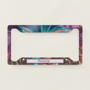 Elegant Purple Teal Fractal Feathers Personalized License Plate Frame