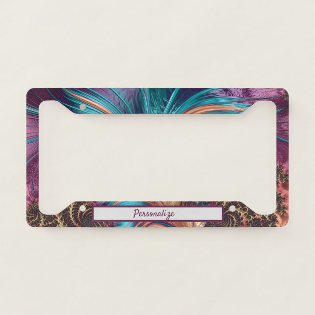 Elegant Purple Teal Fractal Feathers Personalized License Plate Frame (Front)