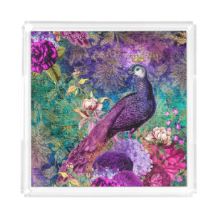 Elegant Purple Teal Peacock Floral Acrylic Tray