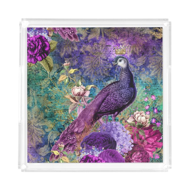 Elegant Purple Teal Peacock Floral  Acrylic Tray (Front)
