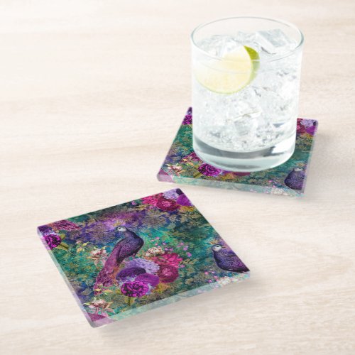 Elegant Purple Teal Peacock Floral  Glass Coaster