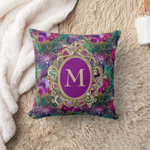 Elegant Purple Teal Peacock Floral Gold Monogram Throw Pillow
