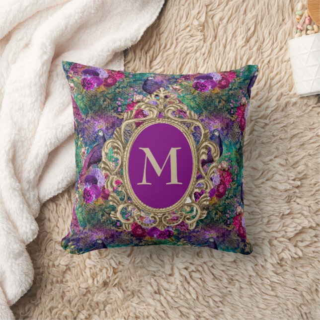 Elegant Purple Teal Peacock Floral Gold Monogram Throw Pillow (Blanket)
