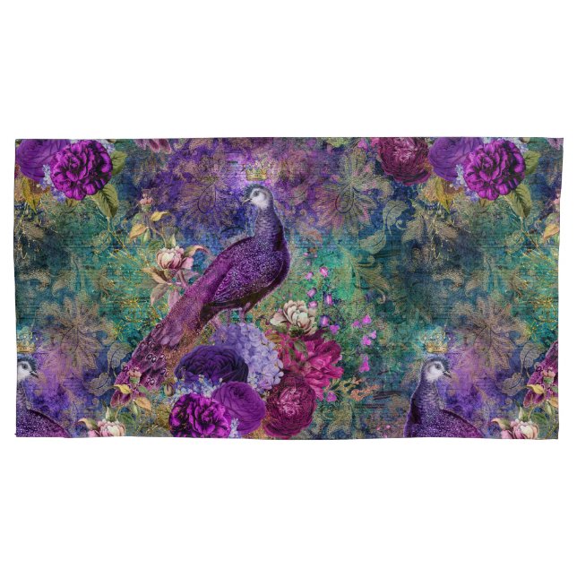 Elegant Purple Teal Peacock Floral Pillow Case (Front)