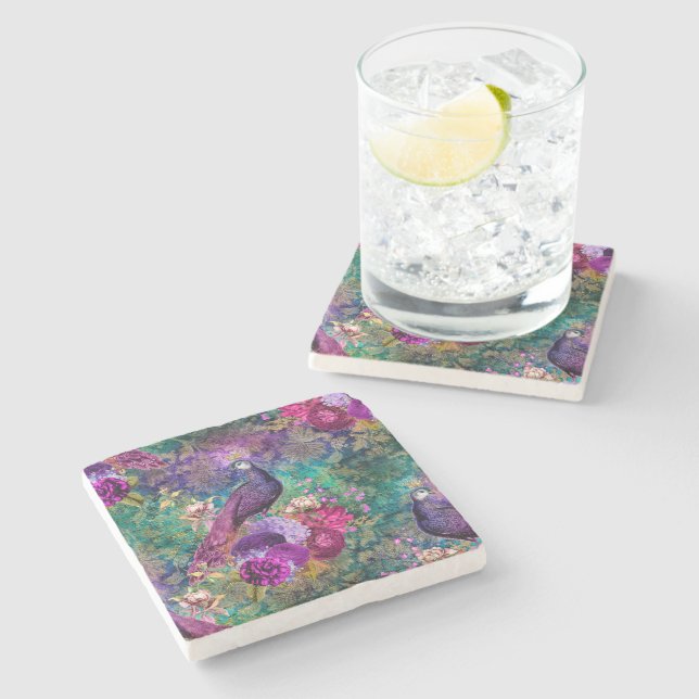 Elegant Purple Teal Peacock Floral Stone Coaster (Side)