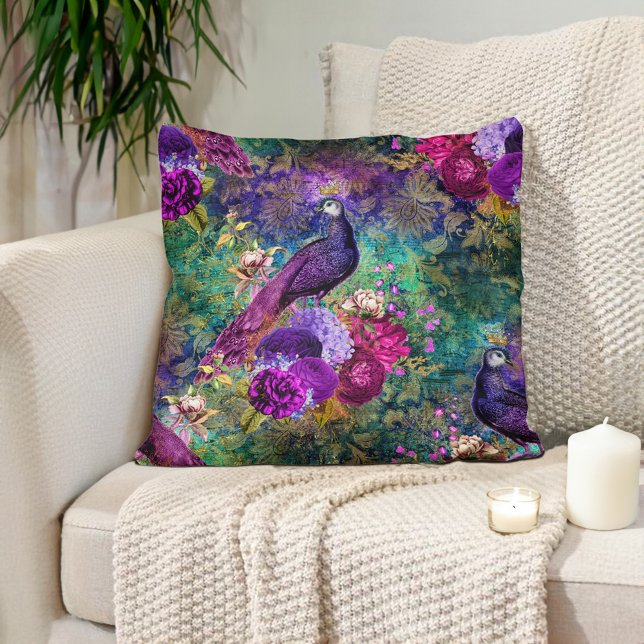 Elegant Purple Teal Peacock Floral Throw Pillow (Elegant purple and emerald green peacock pillow)