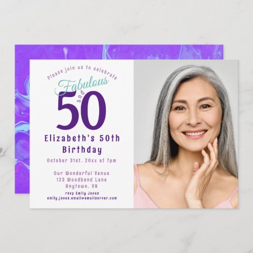 Elegant Purple Teal Photo 50th Birthday Party Invitation