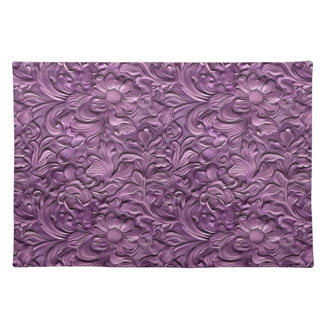 Elegant purple tooled leather floral cloth placemat (Front)